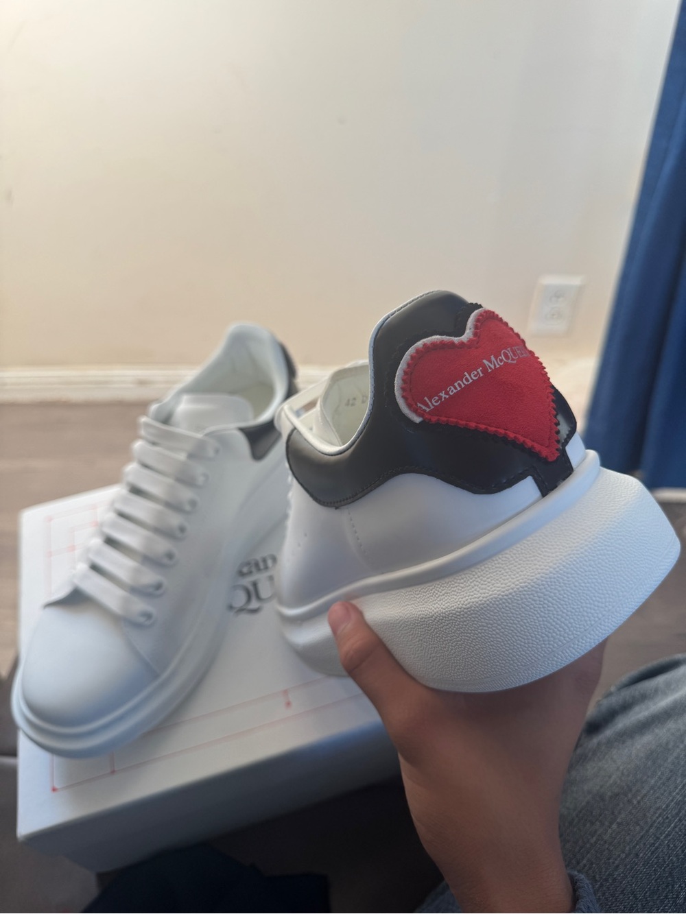 Alexander McQueen White Leather women Sneakers with Red Heart Heel